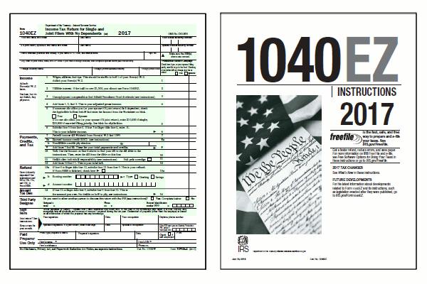Page one of the last Form 1040EZ alongside the cover page of the last Form 1040EZ Instructions booklet.
