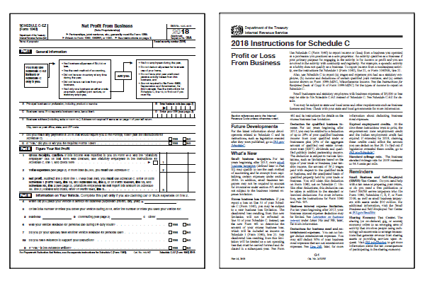 Page one of the 2018 Schedule C-EZ form alongside the cover page of the 2018 Schedule C-EZ instructions booklet.