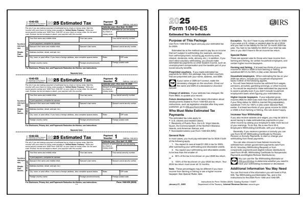 Estimated Tax for Individuals. Page one of the 2025 1040-ES form alongside the first page of the 2025 1040-ES instructions.