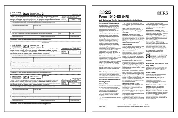 US Estimated Tax for Nonresident Alien Individuals. Page one of the 2025 1040-ES (NR) form alongside the first page of the 2025 1040-ES (NR) instructions.