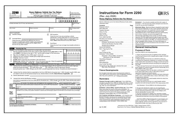A split-screen view of the 2026 IRS Form 2290 and its official instructions.