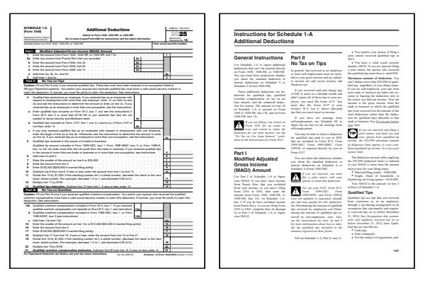 A split-screen view of the 2025 IRS Schedule 1-A (Form 1040) and its official instructions.