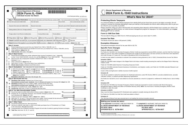 Illinois Form IL-1040 and Illinois Form IL-1040 instructions for tax year 2024.