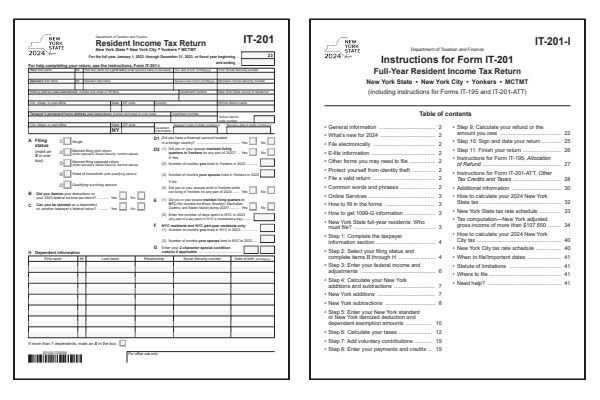 New York Form IT-201 and New York Form IT-201 instructions for tax year 2024.