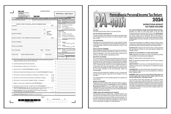 Pennsylvania Form PA-40 and Pennsylvania Form PA-40 instructions for tax year 2024.
