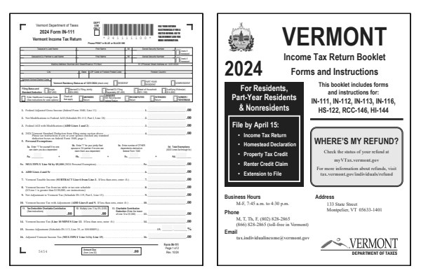 Vermont Form IN-111 and Vermont Form IN-111 instructions for tax year 2024.