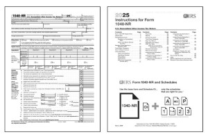 IRS Form 1040-NR with instructions booklet.