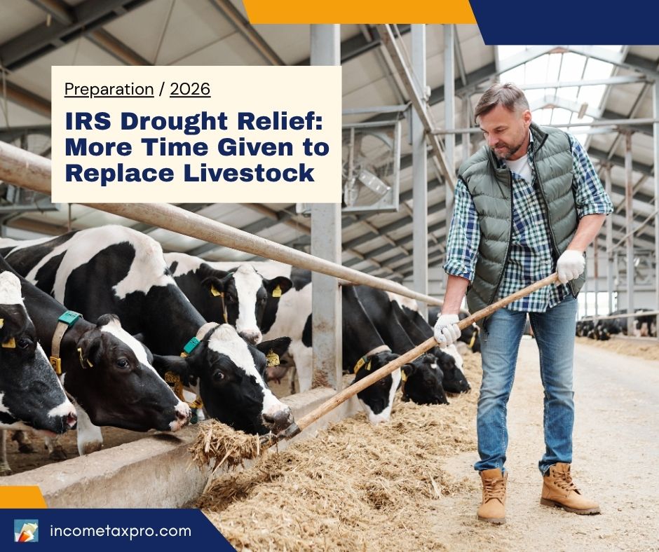 Dairy farmer feeding cows beside the headline IRS Drought Relief: More Time Given to Replace Livestock.
