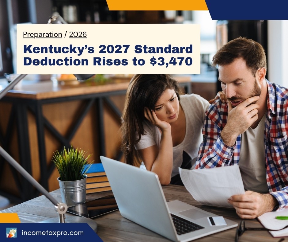 Couple reviewing household finances beside the headline Kentucky's 2027 Standard Deduction Rises to $3,470.