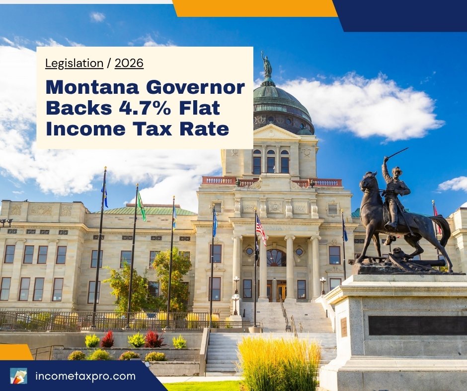 Montana State Capitol with the headline Montana Governor Backs 4.7% Flat Income Tax Rate.