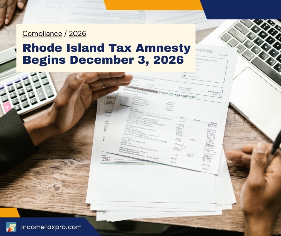 People reviewing income tax related bank statements and annual returns beside the headline Rhode Island Tax Amnesty Begins December 3, 2026.