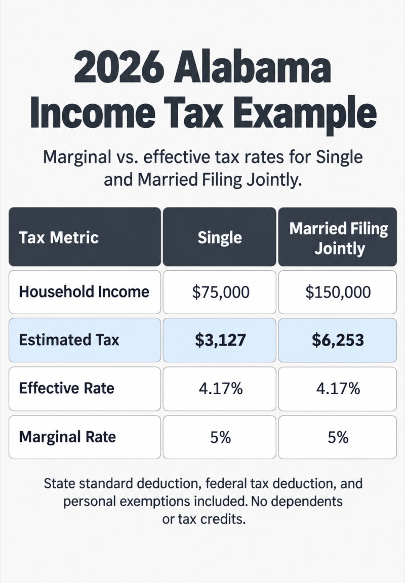 2026 Alabama income tax comparison: Single at $75,000 has a 4.17% effective rate and 5% marginal rate. Married Filing Jointly at $150,000 has a 4.17% effective rate and 5% marginal rate.
