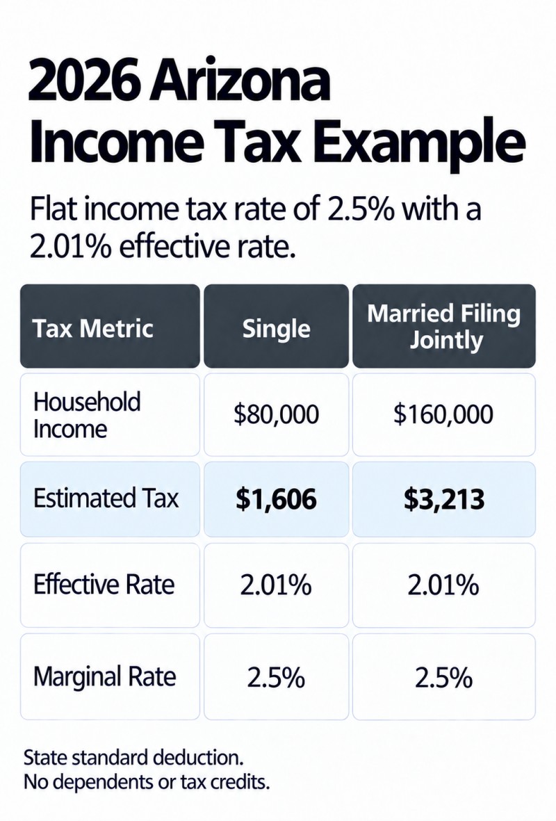 2026 Arizona income tax rates for Single and Married Filing Jointly filing statuses: marginal tax rate 2.5%, effective tax rate 2.01%.