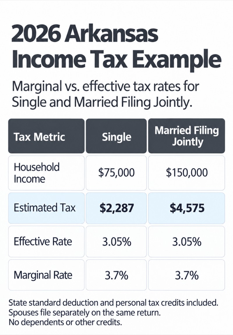 2026 Arkansas income tax comparison: Single at $75,000 has a 3.05% effective rate and 3.7% marginal rate. Married Filing Jointly at $150,000 has a 3.05% effective rate and 3.7% marginal rate.
