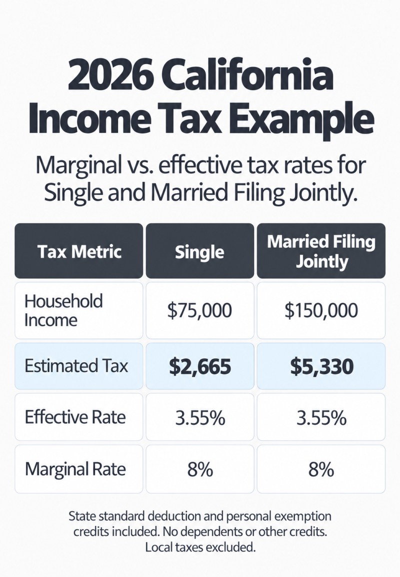 2026 California income tax comparison: Single at $75,000 has a 3.55% effective rate and 8% marginal rate. Married Filing Jointly at $150,000 has a 3.55% effective rate and 8% marginal rate.