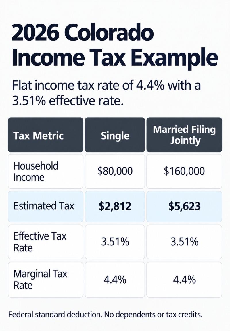 2026 Colorado income tax rates for Single and Married Filing Jointly filing statuses: marginal tax rate 4.4%, effective tax rate 3.51%.