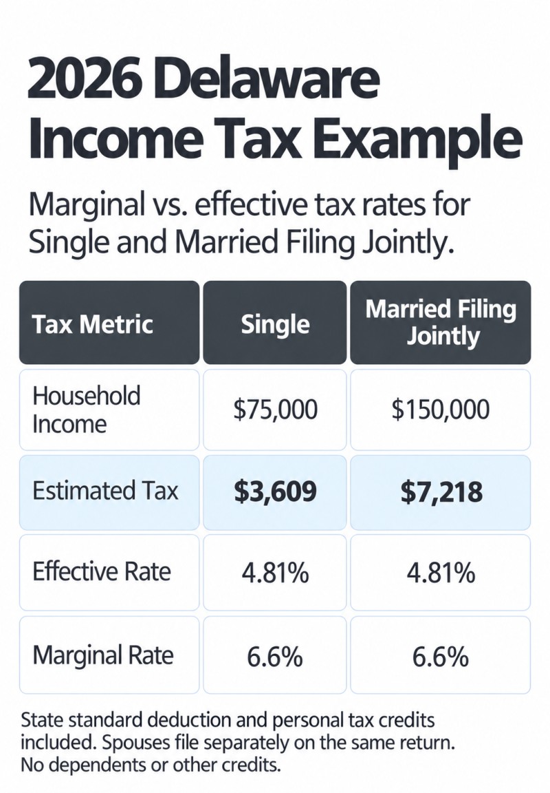 2026 Delaware income tax comparison: Single at $75,000 has a 4.81% effective rate and 6.6% marginal rate. Married Filing Jointly at $150,000 has a 4.81% effective rate and 6.6% marginal rate.