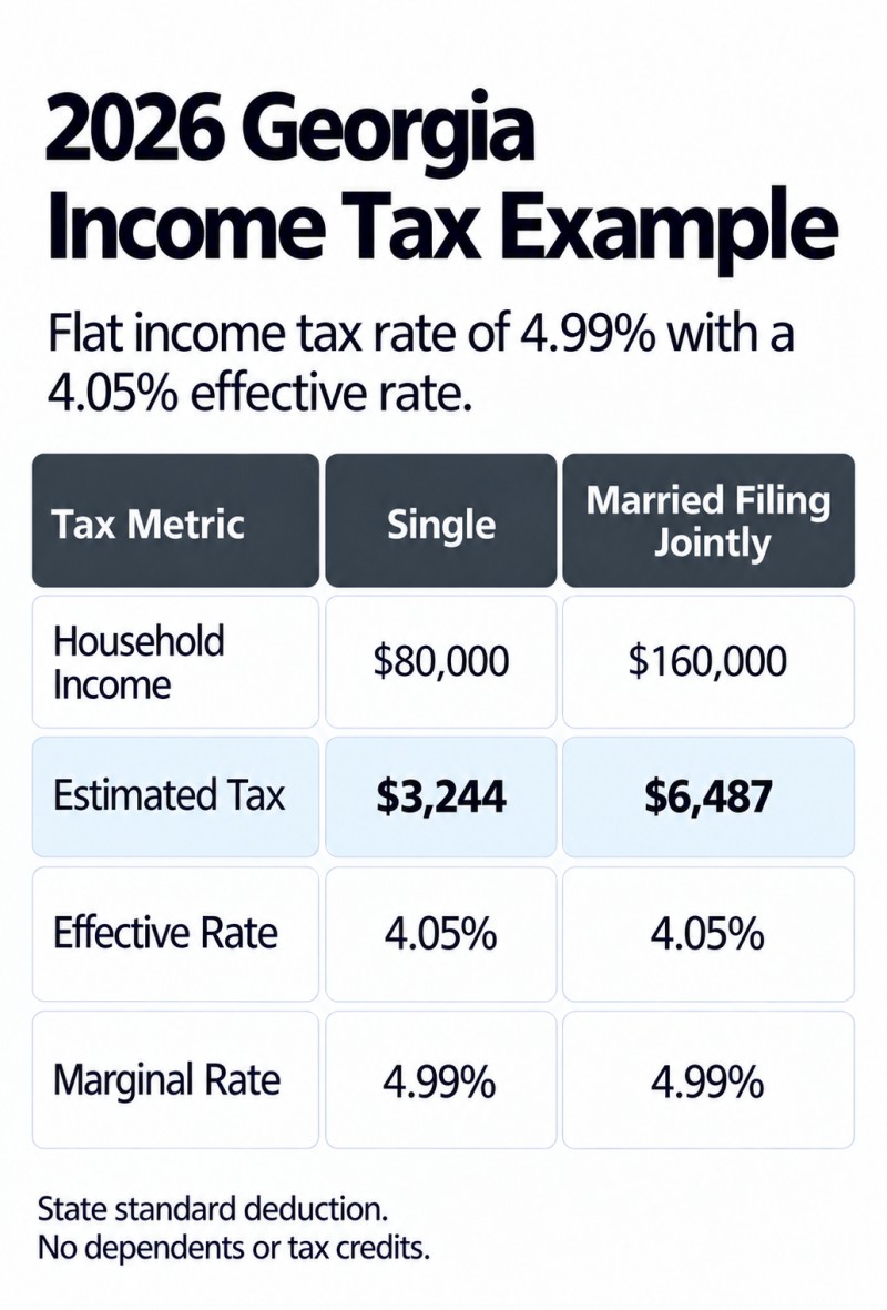 2026 Georgia income tax rates for Single and Married Filing Jointly filing statuses: marginal tax rate 4.99%, effective tax rate 4.05%.