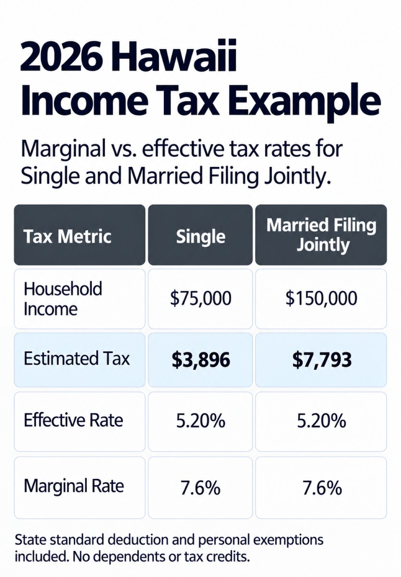 2026 Hawaii income tax comparison: Single at $75,000 has a 5.20% effective rate and 7.6% marginal rate. Married Filing Jointly at $150,000 has a 5.20% effective rate and 7.6% marginal rate.