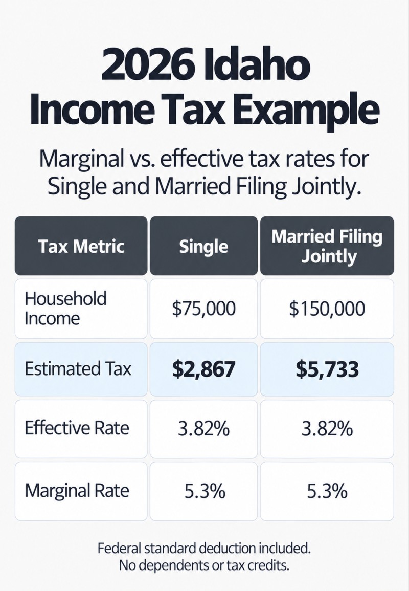 2026 Idaho income tax comparison: Single at $75,000 has a 3.82% effective rate and 5.3% marginal rate. Married Filing Jointly at $150,000 has a 3.82% effective rate and 5.3% marginal rate.