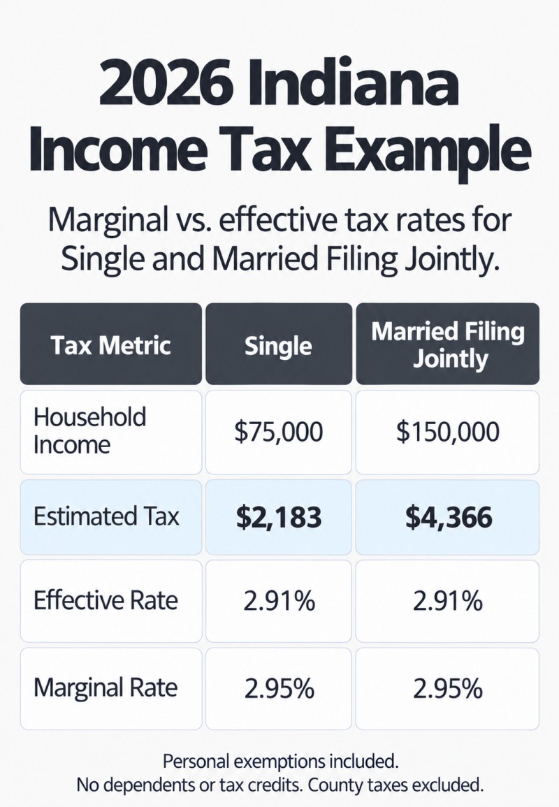 2026 Indiana income tax rates for Single and Married Filing Jointly filing statuses: marginal tax rate 2.95%, effective tax rate 2.91%.