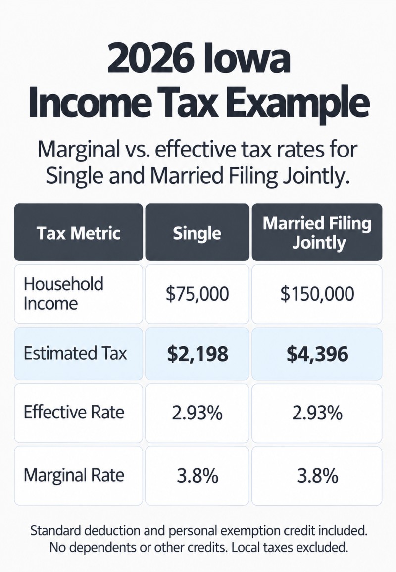 2026 Iowa income tax comparison: Single at $75,000 has a 2.93% effective rate and 3.8% marginal rate. Married Filing Jointly at $150,000 has a 2.93% effective rate and 3.8% marginal rate.