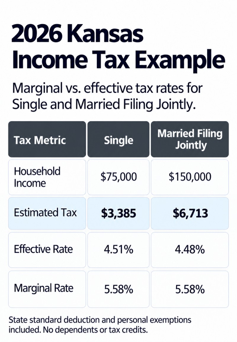 2026 Kansas income tax comparison: Single at $75,000 has a 4.51% effective rate and 5.58% marginal rate. Married Filing Jointly at $150,000 has a 4.48% effective rate and 5.58% marginal rate.
