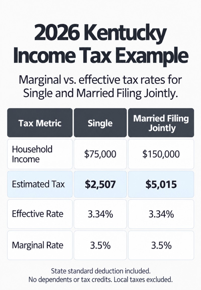 2026 Kentucky income tax comparison: Single at $75,000 has a 3.34% effective rate and 3.5% marginal rate. Married Filing Jointly at $150,000 has a 3.34% effective rate and 3.5% marginal rate.