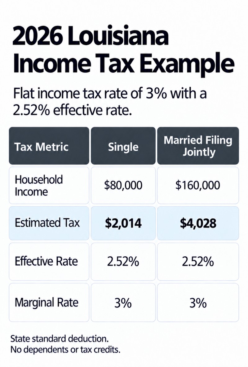 2026 Louisiana income tax rates for Single and Married Filing Jointly filing statuses: marginal tax rate 3%, effective tax rate 2.52%.
