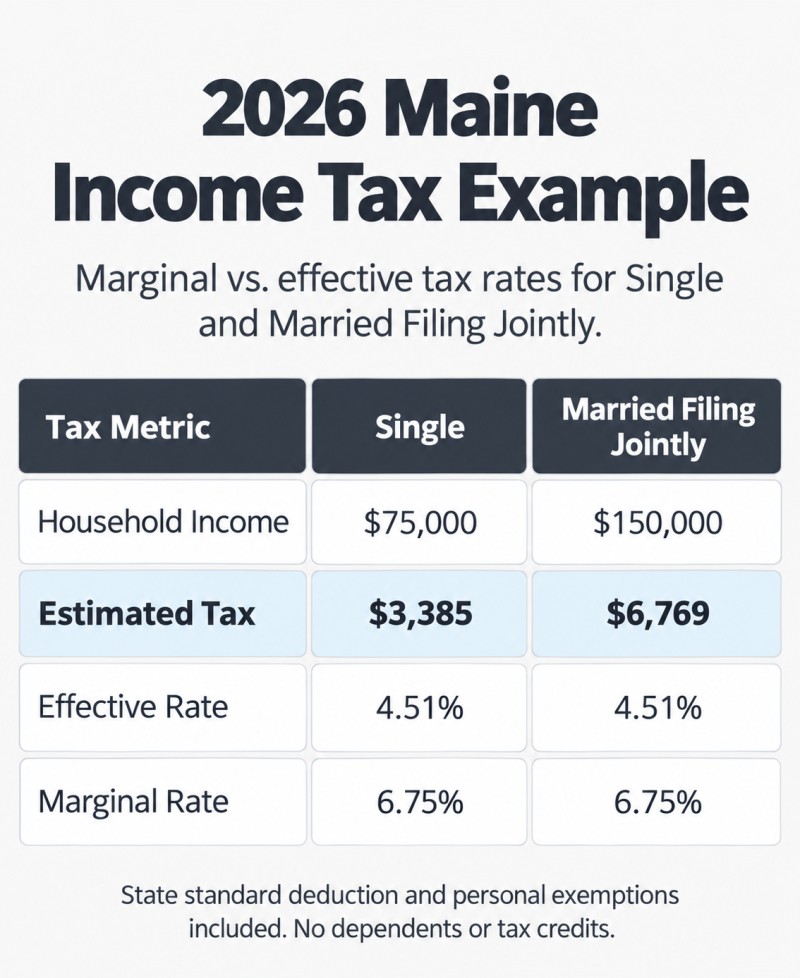 2026 Maine income tax comparison: Single at $75,000 has a 4.51% effective rate and 6.75% marginal rate. Married Filing Jointly at $150,000 has a 4.51% effective rate and 6.75% marginal rate.