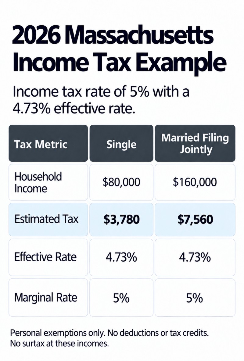 2026 Massachusetts income tax rates for Single and Married Filing Jointly filing statuses: marginal tax rate 5%, effective tax rate 4.73%.