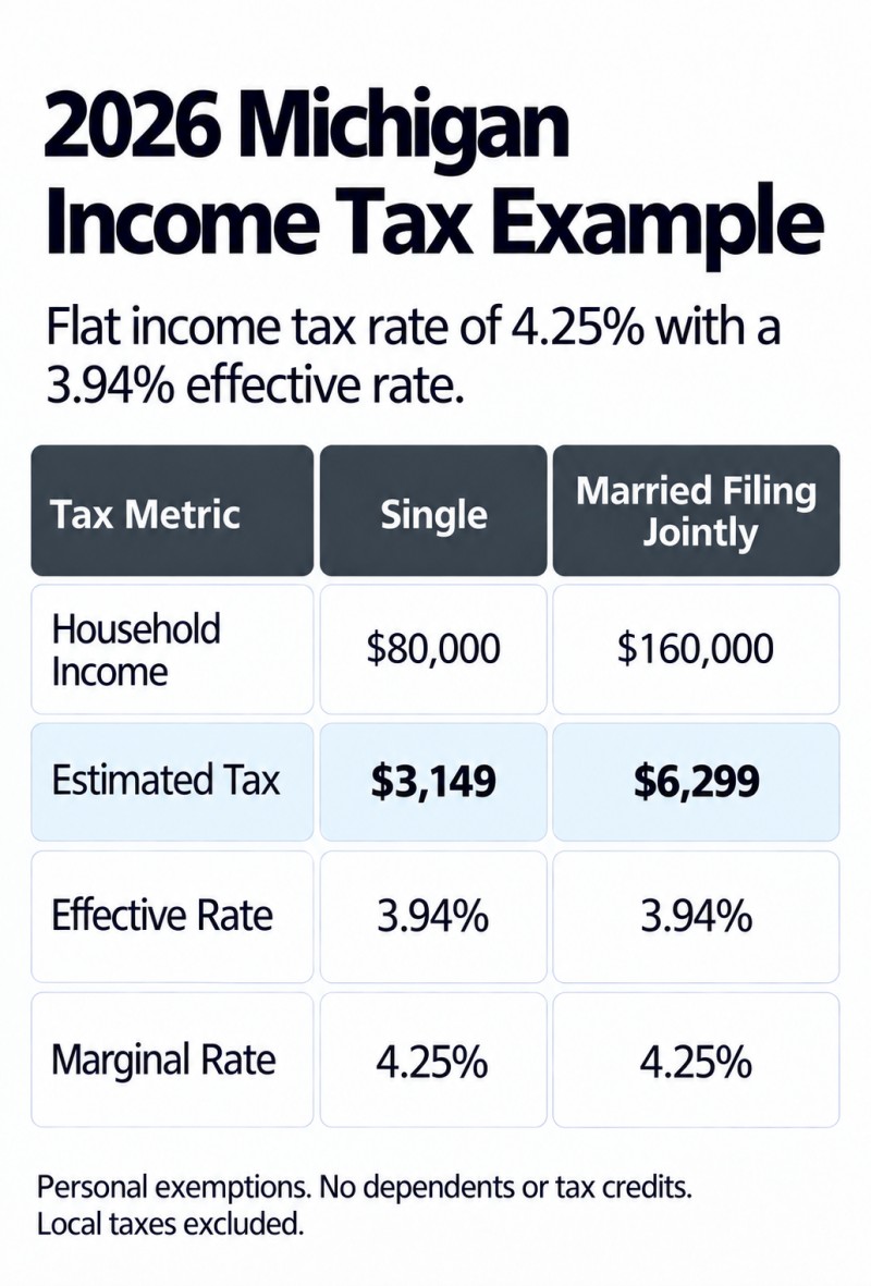 2026 Michigan income tax rates for Single and Married Filing Jointly filing statuses: marginal tax rate 4.25%, effective tax rate 3.94%.
