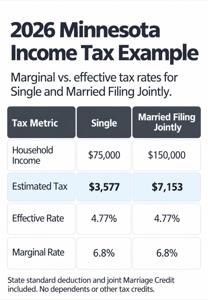 2026 Minnesota income tax comparison: Single at $75,000 has a 4.77% effective rate and 6.8% marginal rate. Married Filing Jointly at $150,000 has a 4.77% effective rate and 6.8% marginal rate.