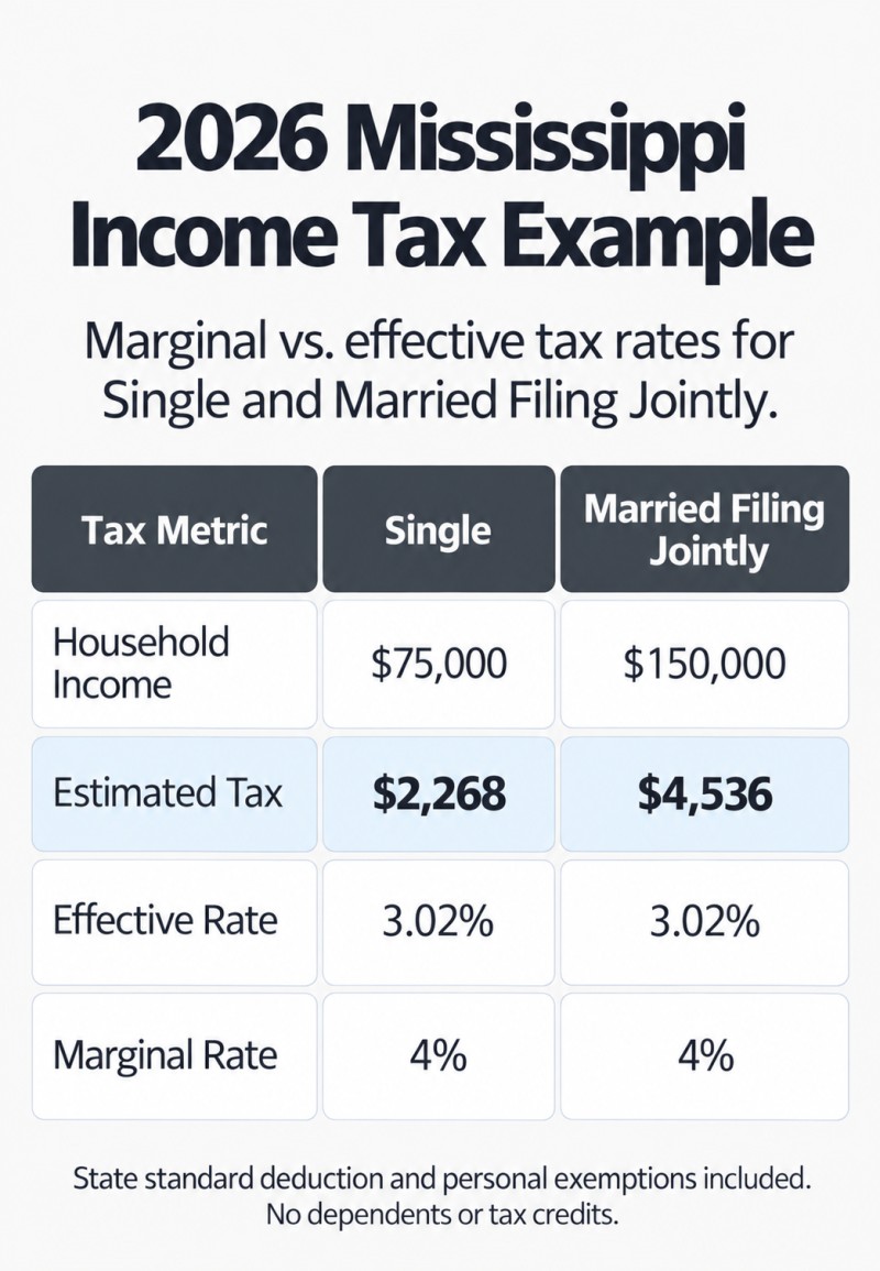 2026 Mississippi income tax rates for Single and Married Filing Jointly filing statuses: marginal tax rate 4%, effective tax rate 3.09%.