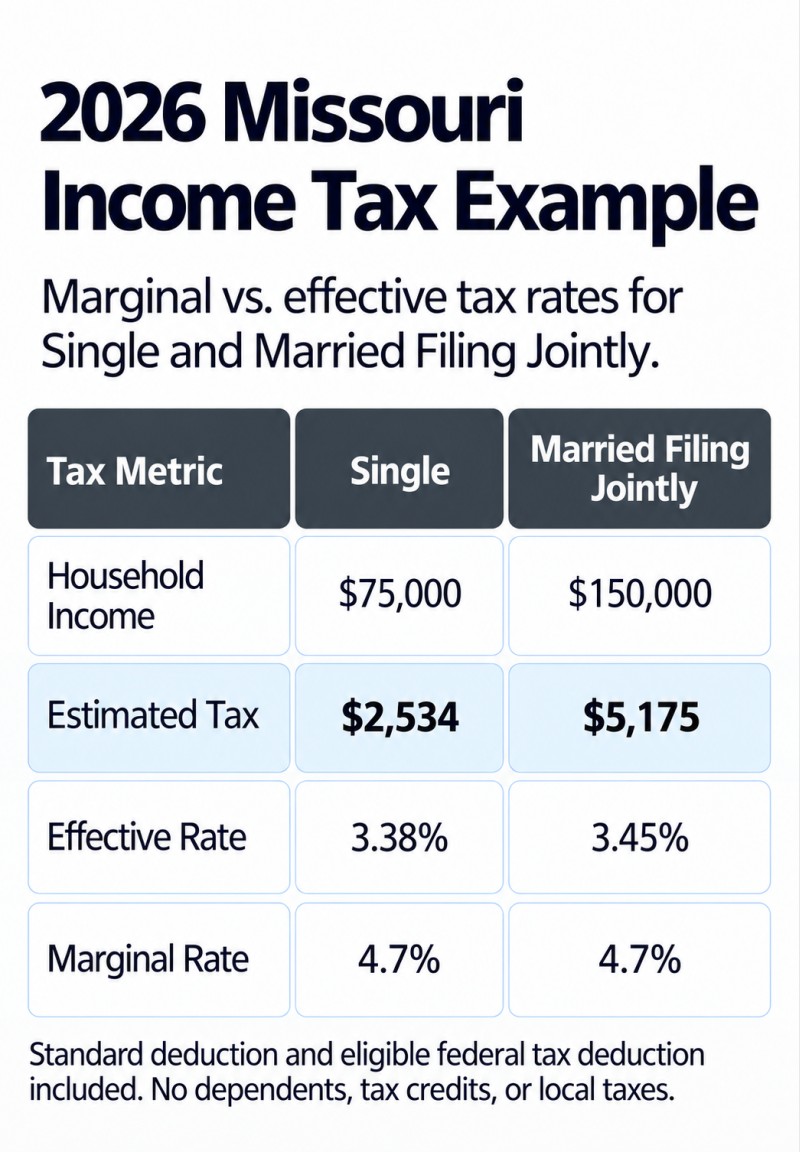 2026 Missouri income tax comparison: Single at $75,000 has a 3.38% effective rate and 4.7% marginal rate. Married Filing Jointly at $150,000 has a 3.45% effective rate and 4.7% marginal rate.
