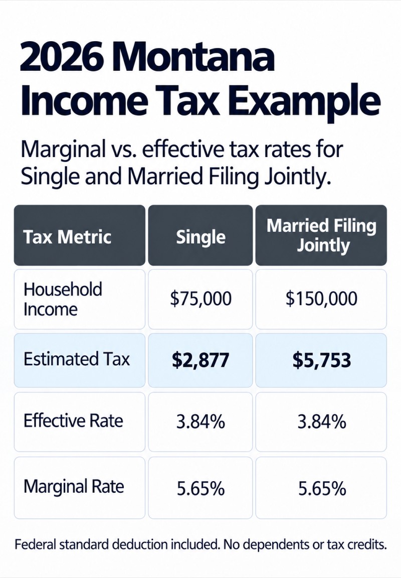 2026 Montana income tax comparison: Single at $75,000 has a 3.84% effective rate and 5.65% marginal rate. Married Filing Jointly at $150,000 has a 3.84% effective rate and 5.65% marginal rate.