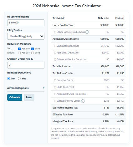 Nebraska income tax calculator, rates, and brackets.