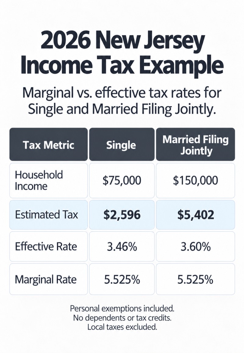 2026 New Jersey income tax comparison: Single at $75,000 has a 3.46% effective rate and 5.525% marginal rate. Married Filing Jointly at $150,000 has a 3.60% effective rate and 5.525% marginal rate.
