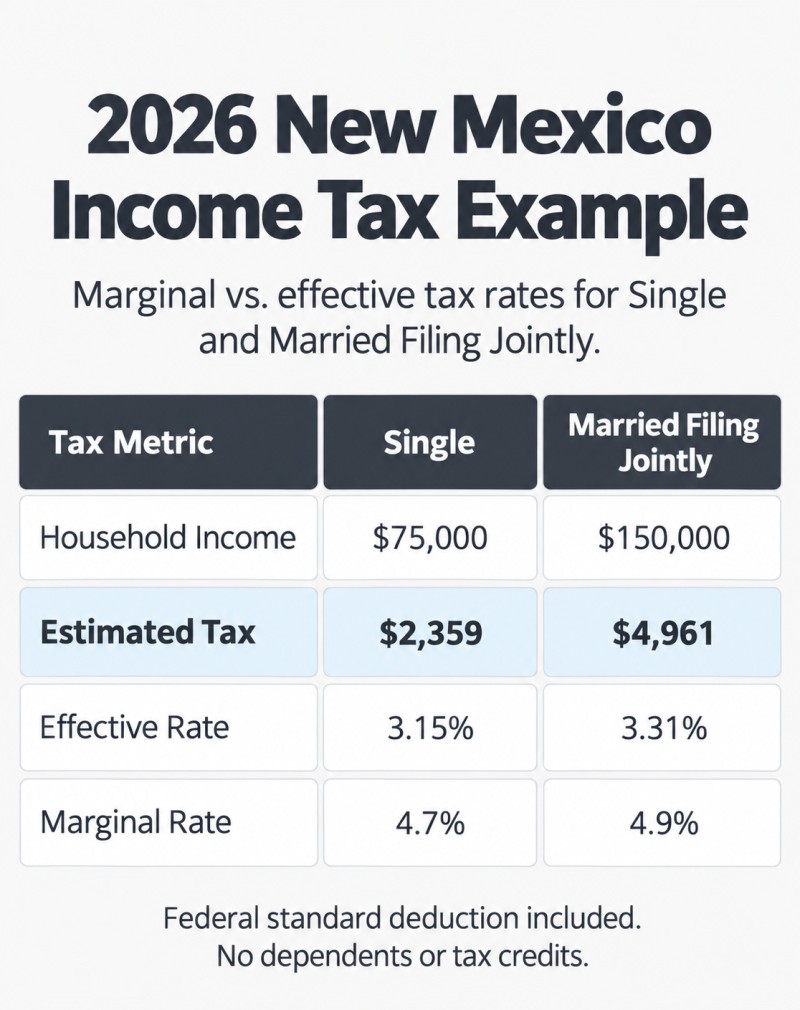 2026 New Mexico income tax comparison: Single at $75,000 has a 3.15% effective rate and 4.7% marginal rate. Married Filing Jointly at $150,000 has a 3.31% effective rate and 4.9% marginal rate.