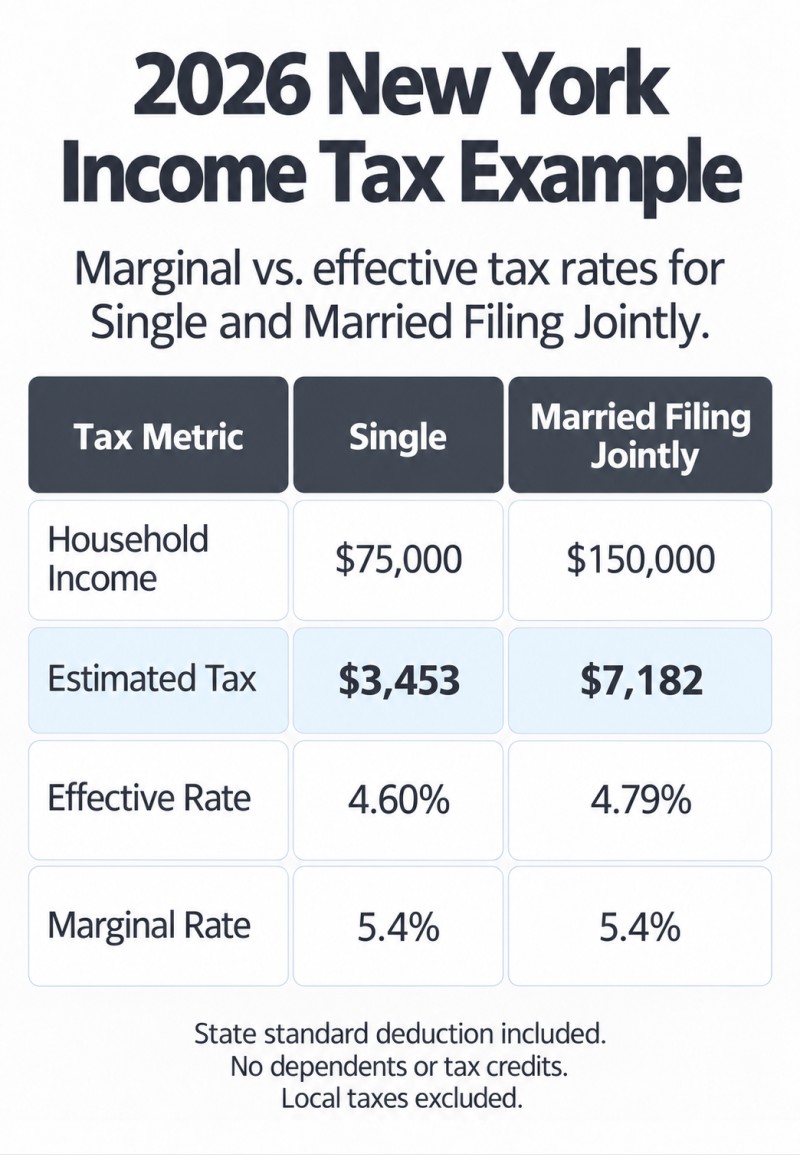 2026 New York income tax comparison: Single at $75,000 has a 4.60% effective rate and 5.4% marginal rate. Married Filing Jointly at $150,000 has a 4.79% effective rate and 5.4% marginal rate.