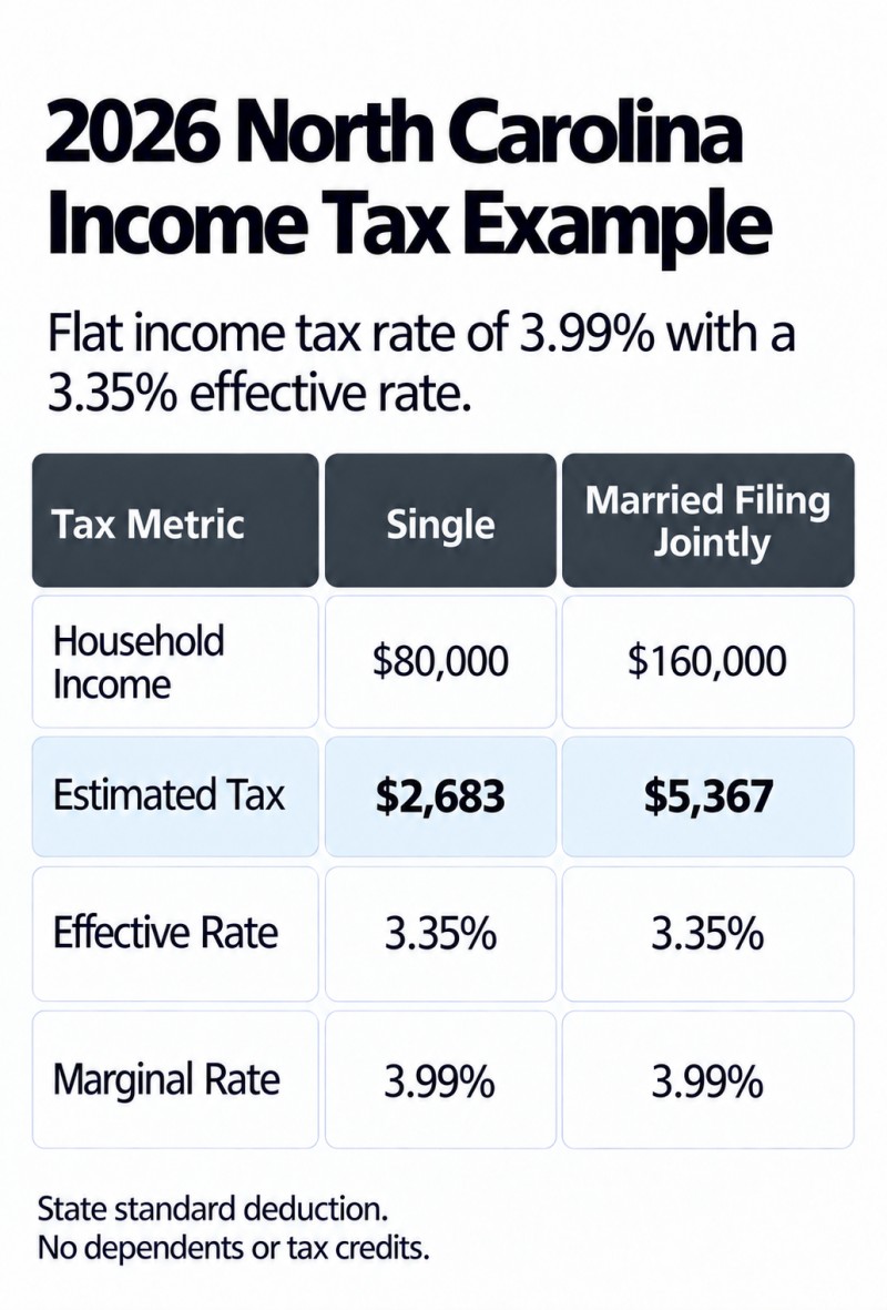 2026 North Carolina income tax rates for Single and Married Filing Jointly filing statuses: marginal tax rate 3.99%, effective tax rate 3.35%.