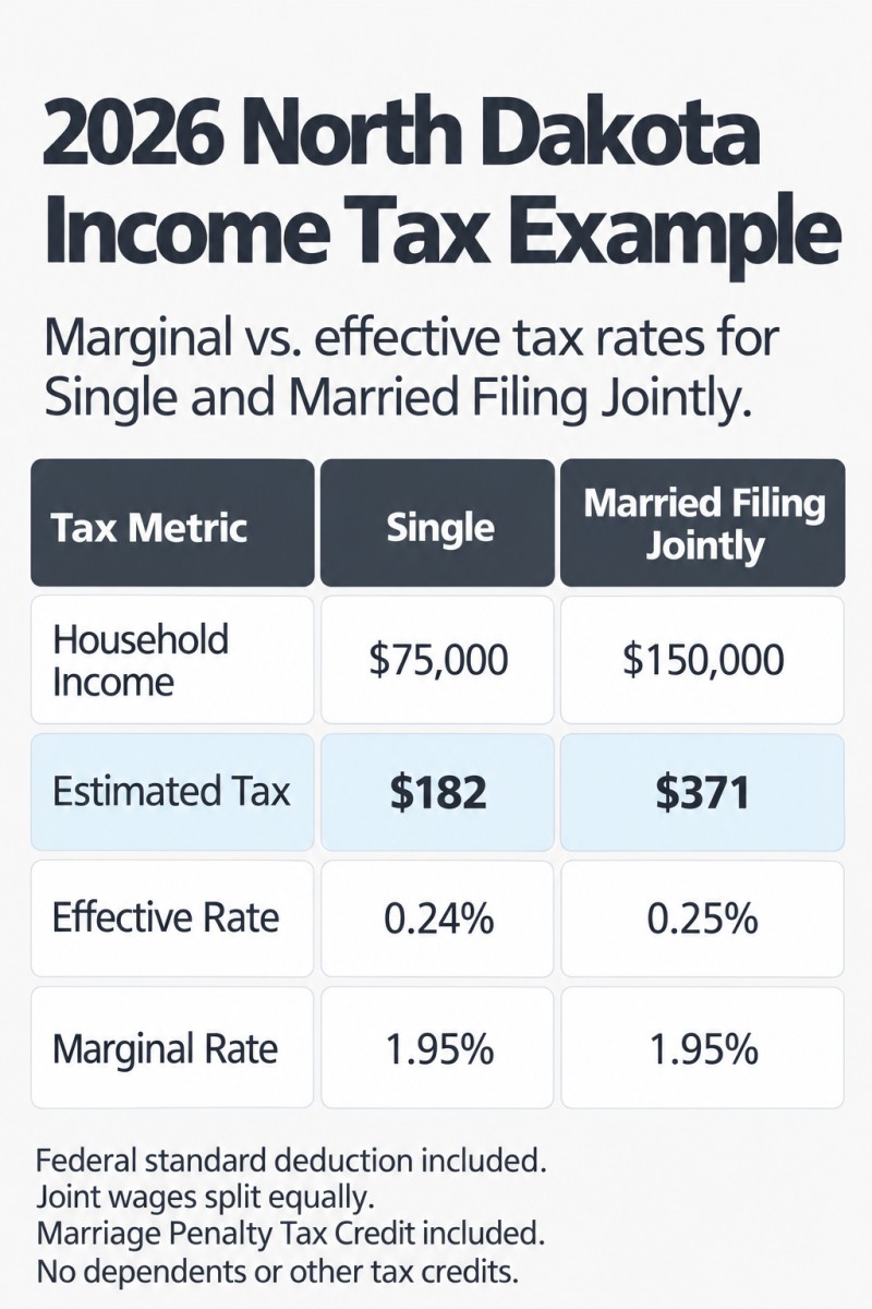 2026 North Dakota income tax comparison: Single at $75,000 has a 0.24% effective rate and 1.95% marginal rate. Married Filing Jointly at $150,000 has a 0.25% effective rate and 1.95% marginal rate.