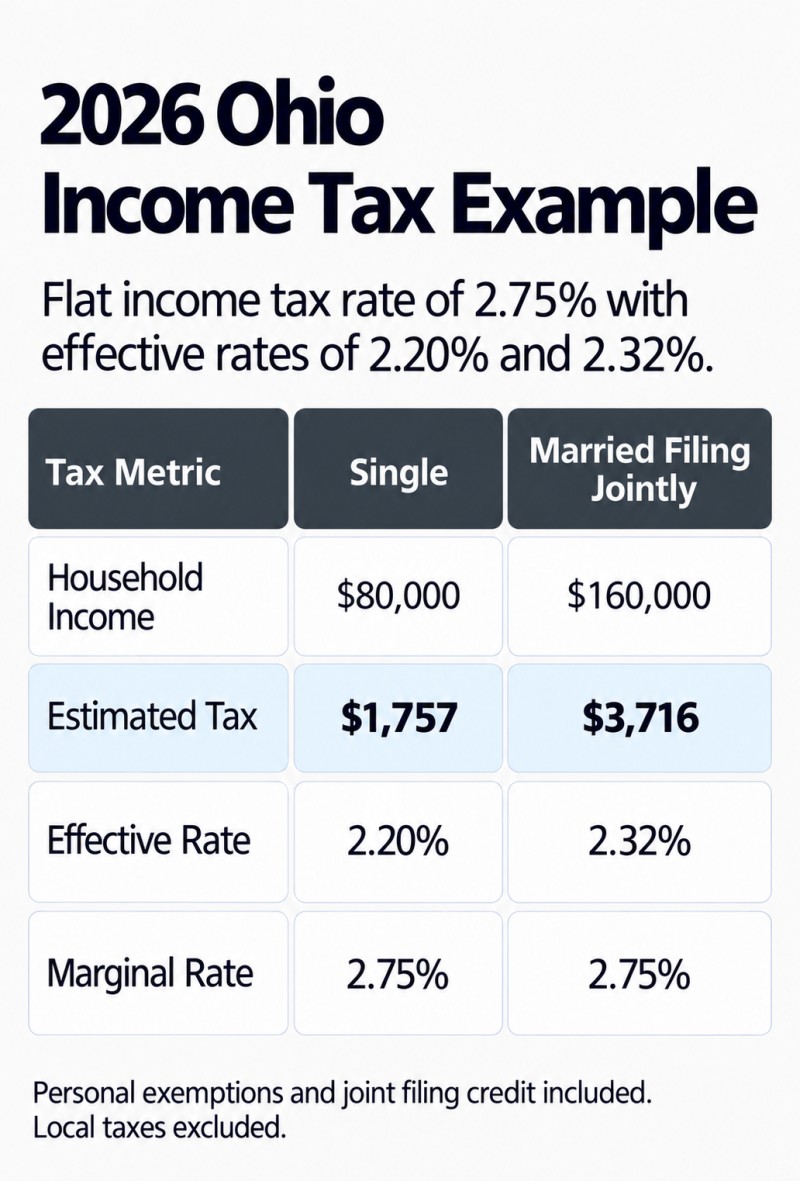 2026 Ohio income tax rates for Single and Married Filing Jointly filing statuses: marginal tax rate 2.75%, effective tax rates 2.20% for Single and 2.32% for Married Filing Jointly.