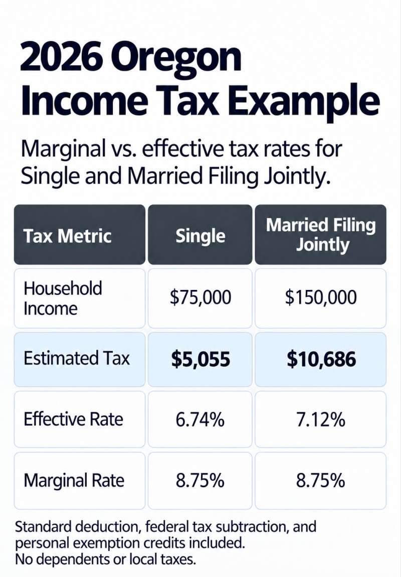 2026 Oregon income tax comparison: Single at $75,000 has a 6.74% effective rate and 8.75% marginal rate. Married Filing Jointly at $150,000 has a 7.12% effective rate and 8.75% marginal rate.