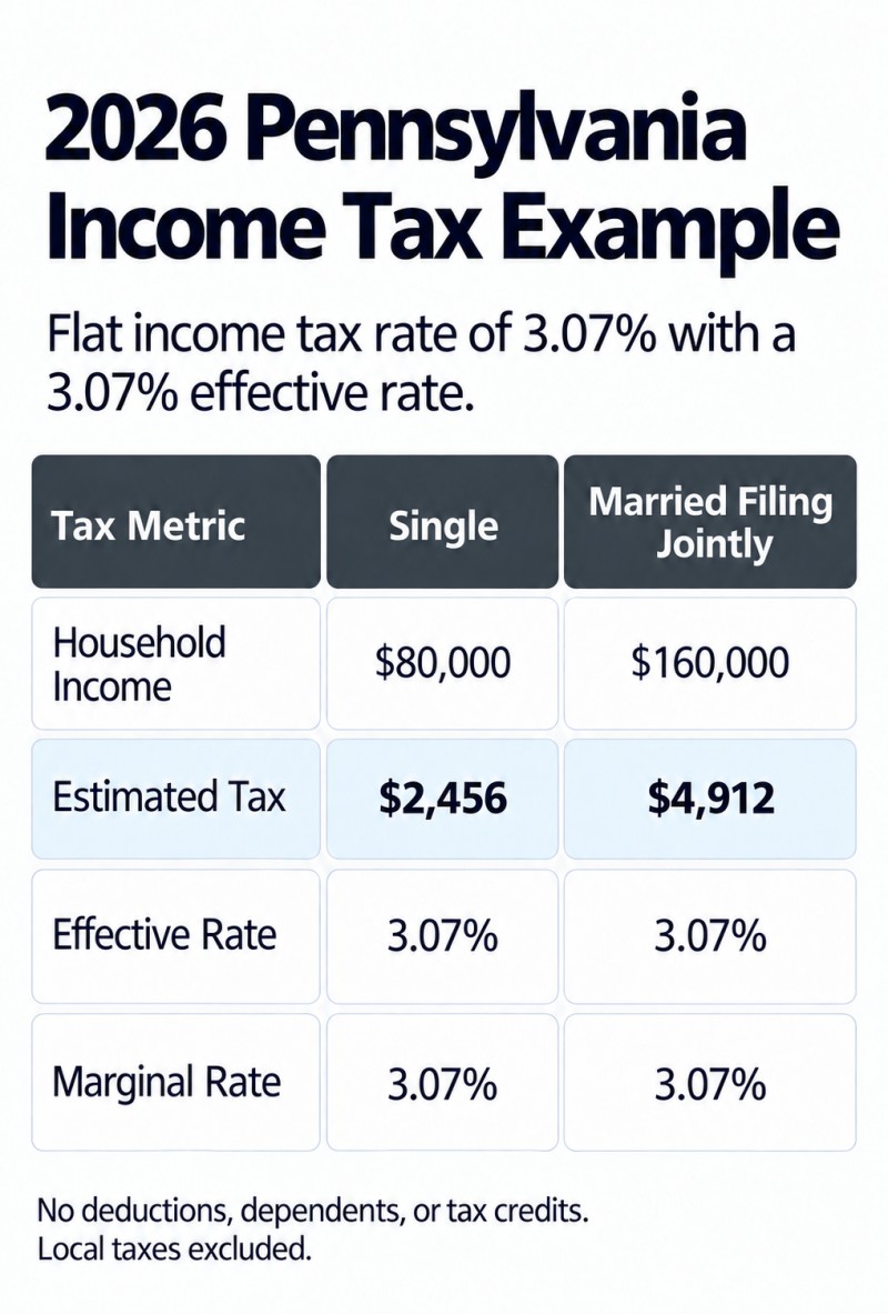 2026 Pennsylvania income tax rates for Single and Married Filing Jointly filing statuses: marginal tax rate 3.07%, effective tax rate 3.07%.