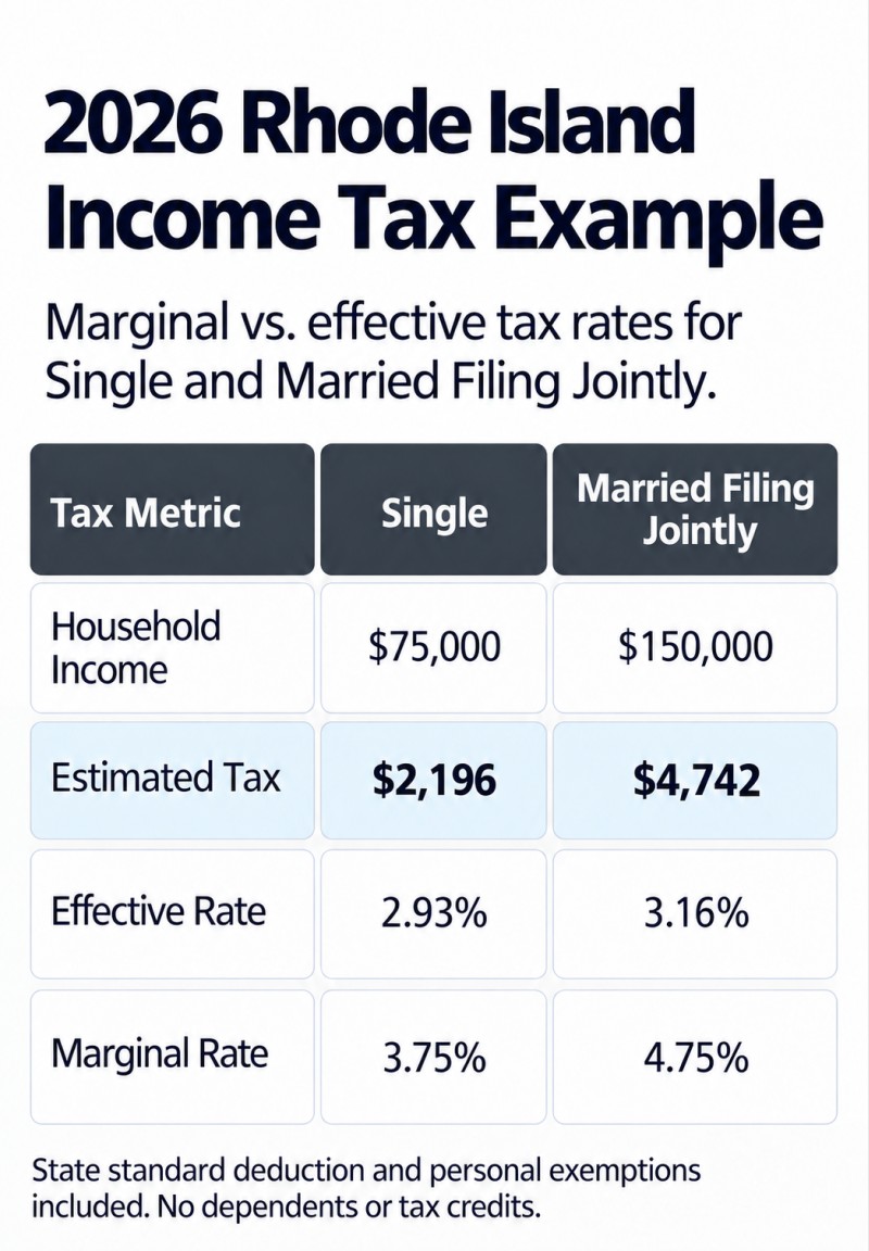 2026 Rhode Island income tax comparison: Single at $75,000 has a 2.93% effective rate and 3.75% marginal rate. Married Filing Jointly at $150,000 has a 3.16% effective rate and 4.75% marginal rate.