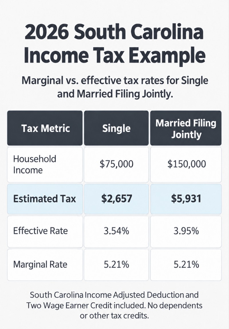 2026 South Carolina income tax comparison: Single at $75,000 has a 3.54% effective rate and 5.21% marginal rate. Married Filing Jointly at $150,000 has a 3.95% effective rate and 5.21% marginal rate.