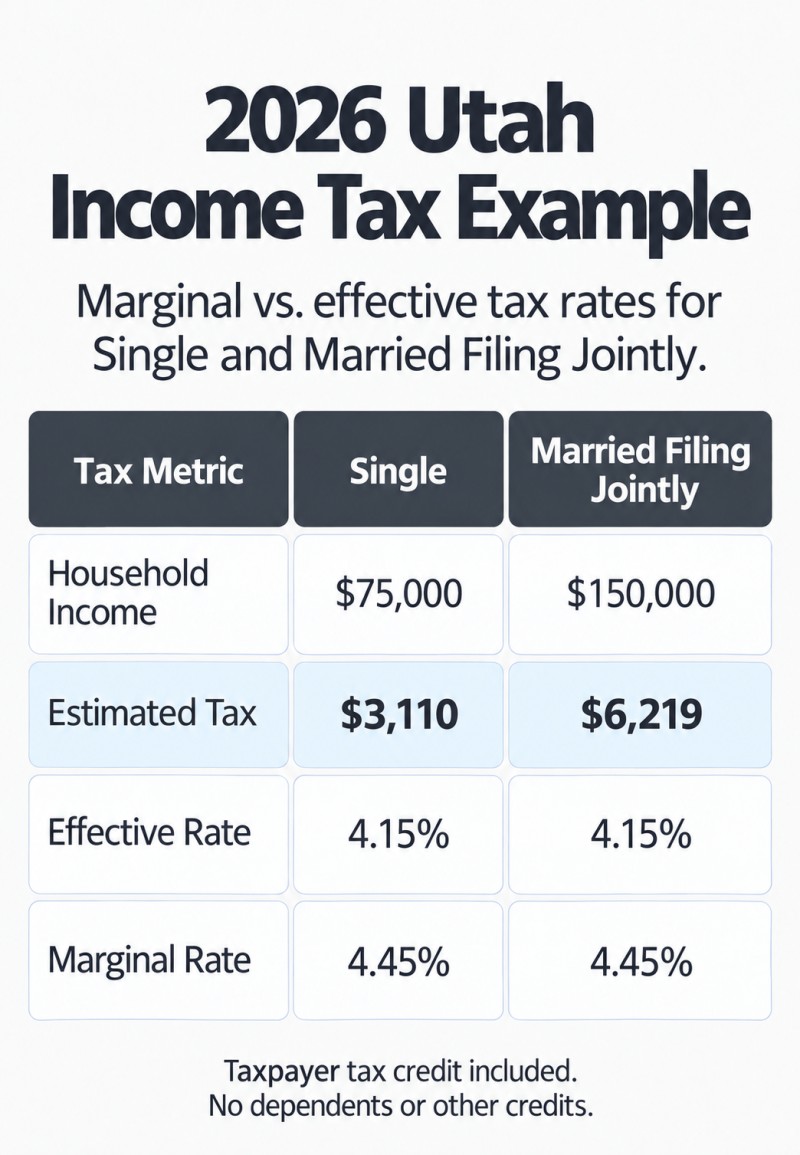 2026 Utah income tax rates for Single and Married Filing Jointly filing statuses: marginal tax rate 4.45%, effective tax rate 4.25%.