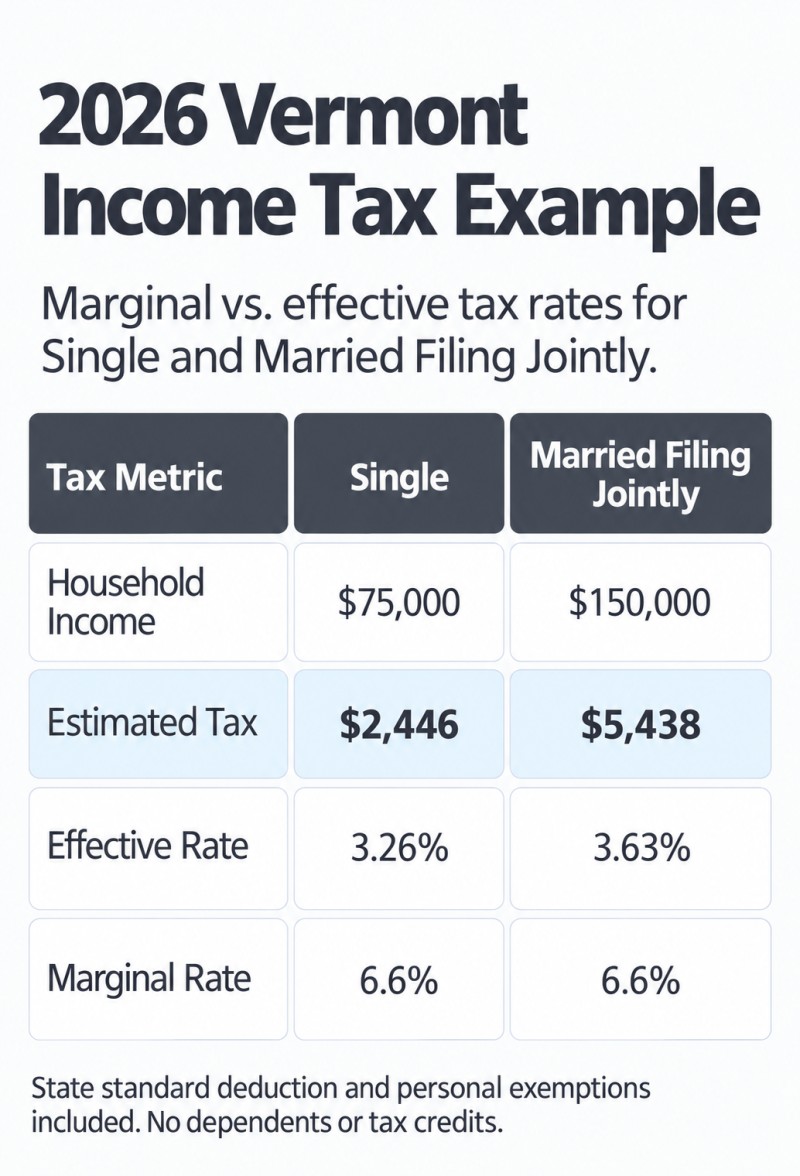 2026 Vermont income tax comparison: Single at $75,000 has a 3.26% effective rate and 6.6% marginal rate. Married Filing Jointly at $150,000 has a 3.63% effective rate and 6.6% marginal rate.