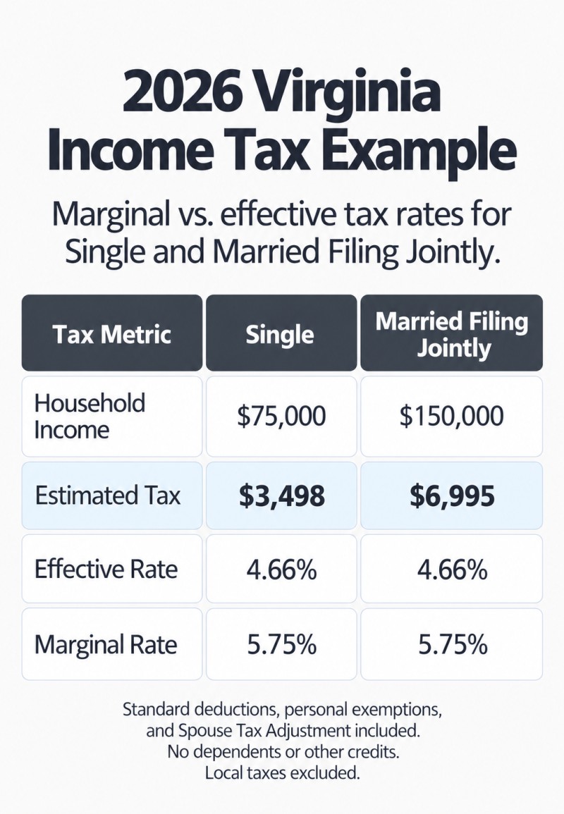 2026 Virginia income tax comparison: Single at $75,000 has a 4.66% effective rate and 5.75% marginal rate. Married Filing Jointly at $150,000 has a 4.66% effective rate and 5.75% marginal rate.